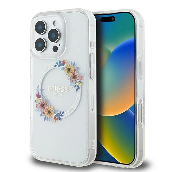 Étui MagSafe Guess Flowers pour iPhone 16 Pro - Transparent