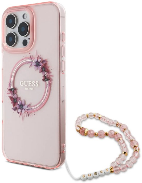 Coque Guess pour iPhone 16 Pro Max - Rose - Compatible MagSafe - Design couronne de fleurs