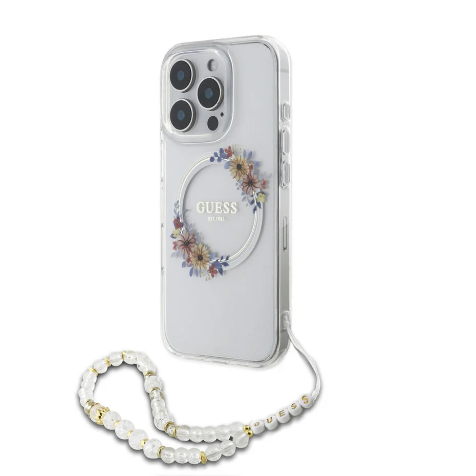 Coque Guess iPhone 16 Pro - Magsafe IML - Design de couronne de fleurs & bracelet en perle - Transparent