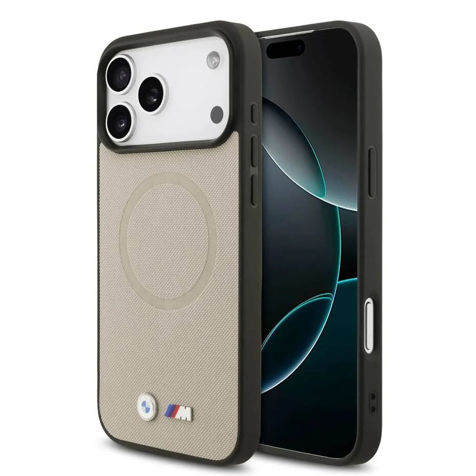 Coque BMW iPhone 17 Pro Max – Étui Arrière Cuir Full Wrap Gris avec Logos Métalliques | Compatible MagSafe