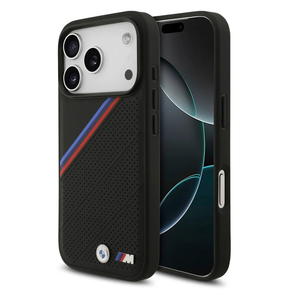 Étui arrière BMW iPhone 17 Pro - MagSafe - Étui en cuir PU avec bandes tricolores obliques et logos Métal - Zwart