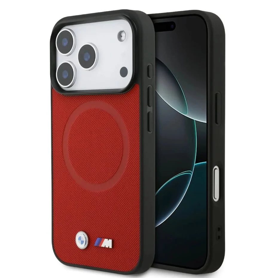 BMW iPhone 17 Pro – Coque Cuir Rouge MagSafe Premium