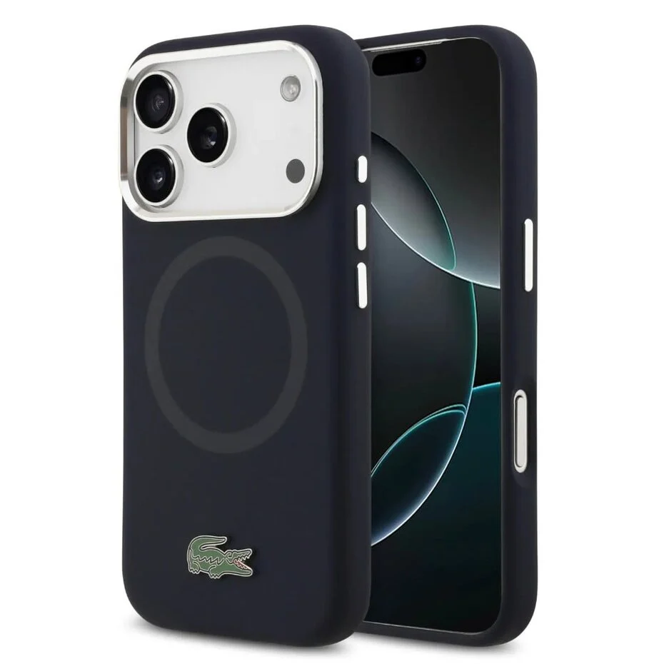 Étui arrière de couverture Lacoste iPhone 17 Pro - MagSafe - Logo métallique - Bleu marine