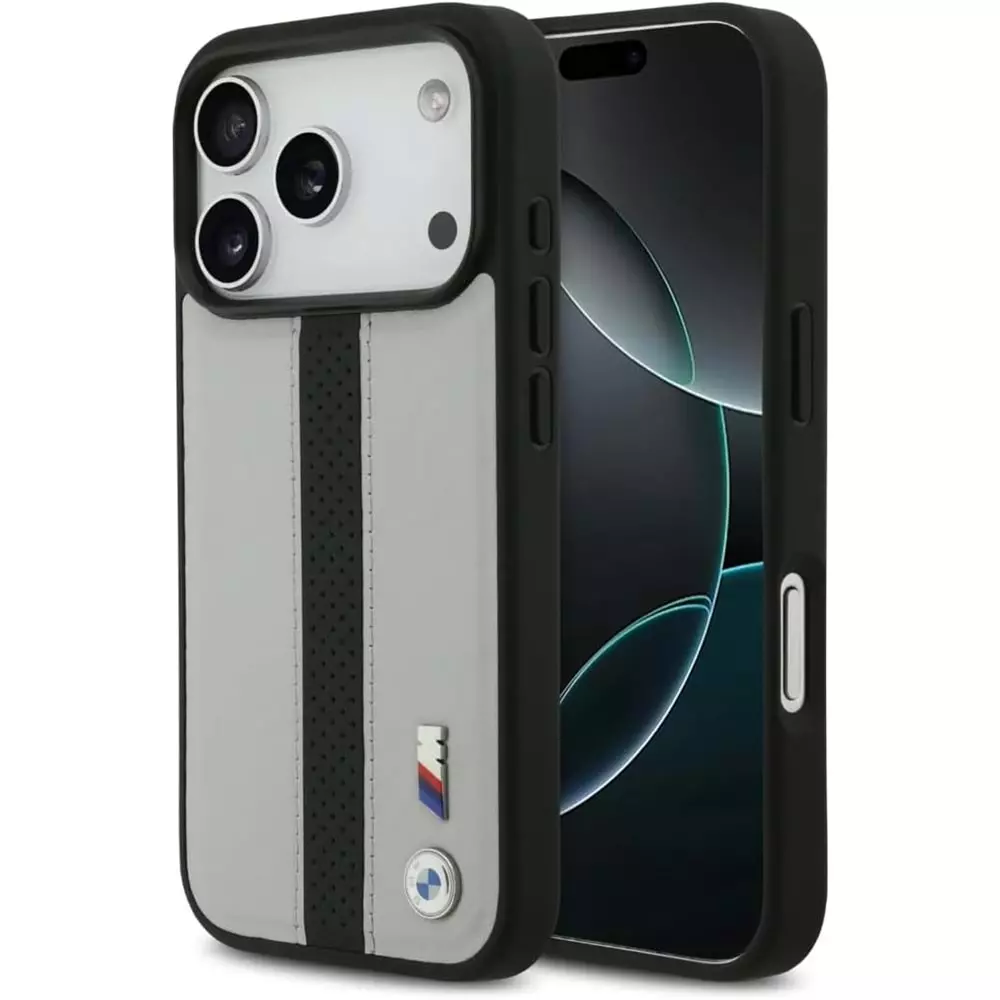 BMW iPhone 17 Pro Max – Coque PU Cuir Gris/Noir Perforé