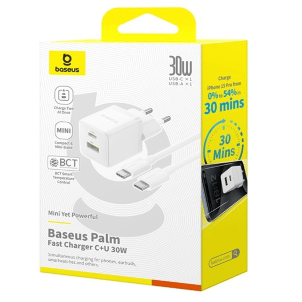 Chargeur secteur rapide Baseus Palm 30W – USB-C PD 3.0 PPS avec câble 1 m - blanc