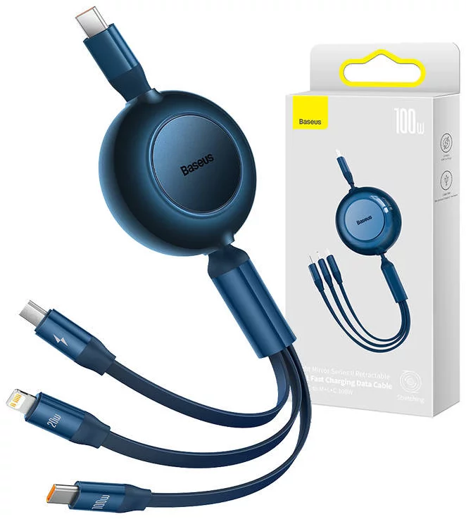 Câble rétractable Baseus Bright Mirror Series 2 – 3-en-1, 100W, USB-C / Lightning / Micro USB, 1,1 m –bleu