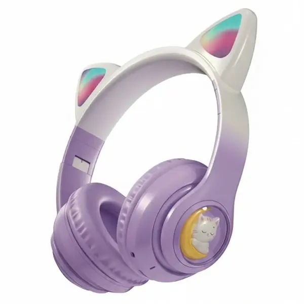 Casque OLA Kitty – sans fil – Bluetooth 5.4 – mignon avec oreilles lumineuses et son stéréo – Violet