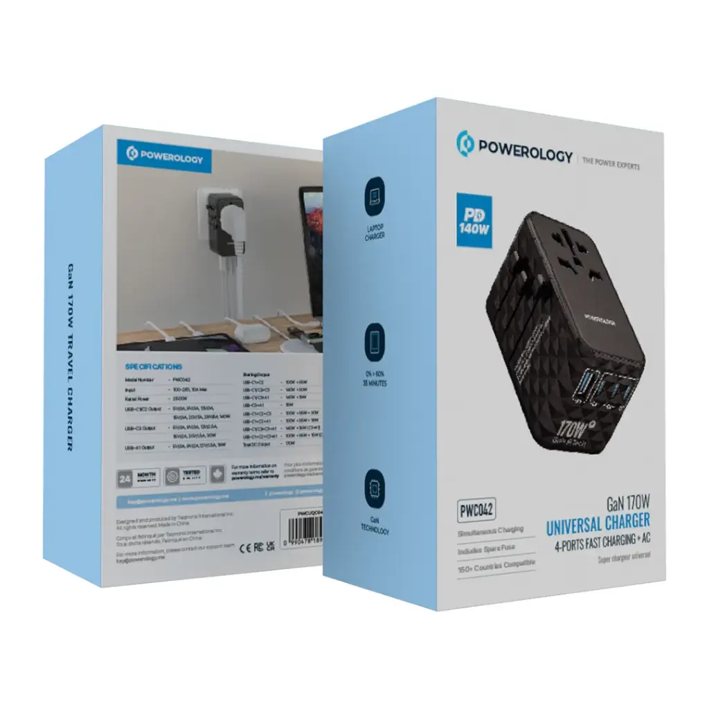 Powerology PWC042  GaN 170W Chargeur universel avec 4 ports Charge rapide + AC - Noir
