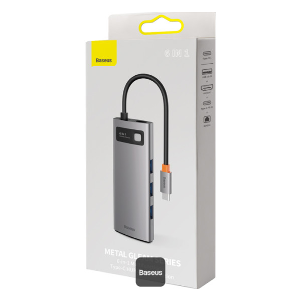 Hub USB-C Baseus Metal Gleam 6-en-1 – HDMI 4K, 100W, USB 3.2, RJ45