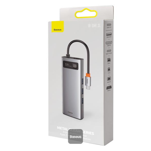 Hub USB-C Baseus Metal Gleam 9-en-1 – Station d’accueil 4K HDMI avec alimentation – Gris
