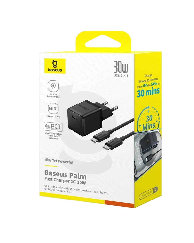 Chargeur secteur rapide Baseus Palm 30W – USB-C PD 3.0 PPS avec câble 1 m Noir
