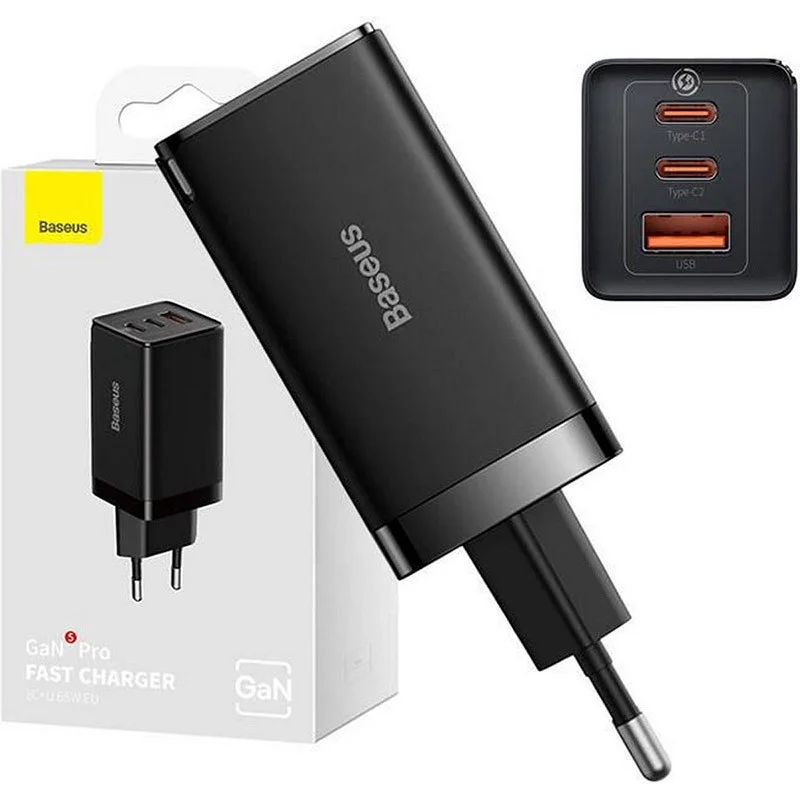 Chargeur rapide GaN5 Pro 2xUSB-C + USB 65W Noir - BASEUS