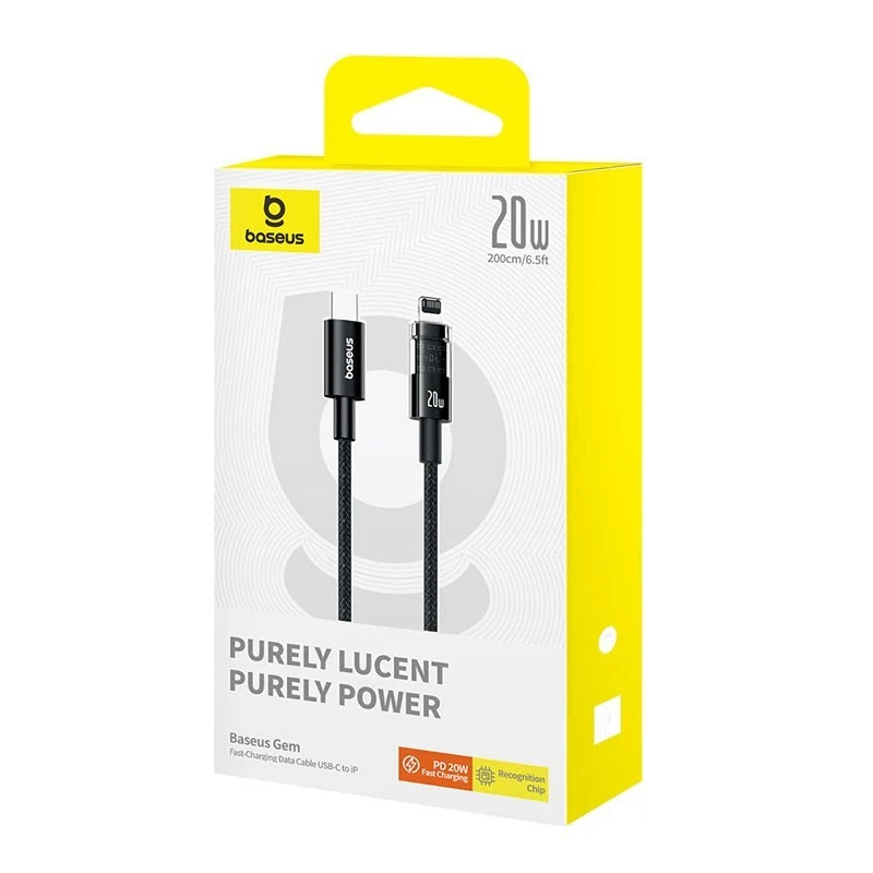 Câble Baseus Gem USB-C vers Lightning 20W – charge rapide 2 m – Noir
