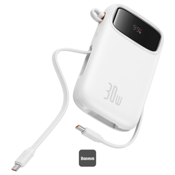 Batterie externe Baseus QPow2 10000mAh – charge rapide 30W, écran numérique, câbles USB-C intégrés-Blanc