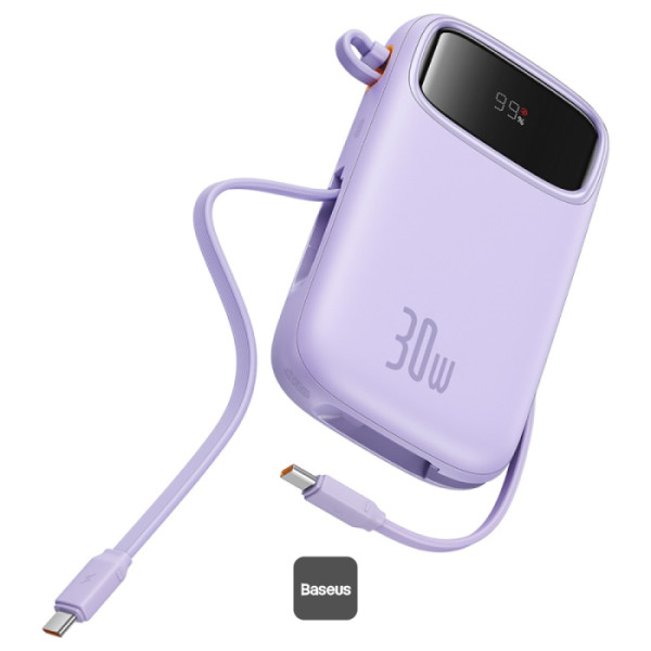 Batterie externe Baseus QPow2 10000mAh – charge rapide 30W, écran numérique, câbles USB-C intégrés-Violet