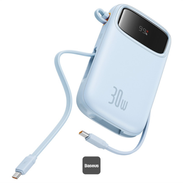 Batterie externe Baseus QPow2 10000mAh – charge rapide 30W, écran numérique, câbles USB-C intégrés-Bleu