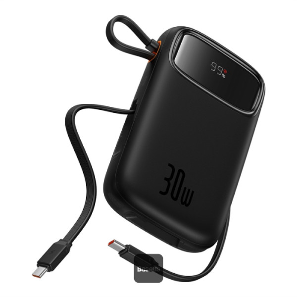 Batterie externe Baseus QPow2 10000mAh – charge rapide 30W, écran numérique, câbles USB-C intégrés-Noir
