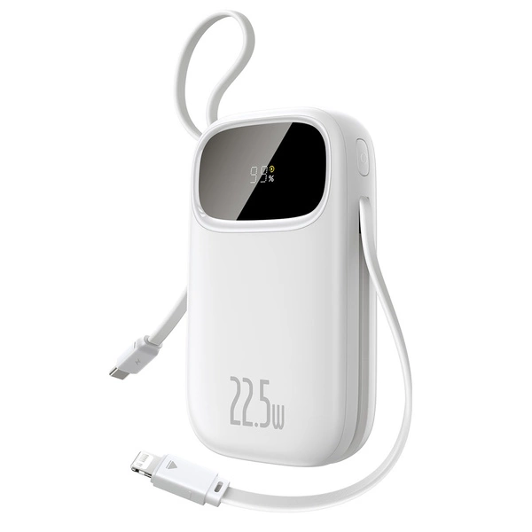 Batterie externe Baseus QPow3 20000mAh – 22.5W, 4 sorties, câbles intégrés, LED – BLANC