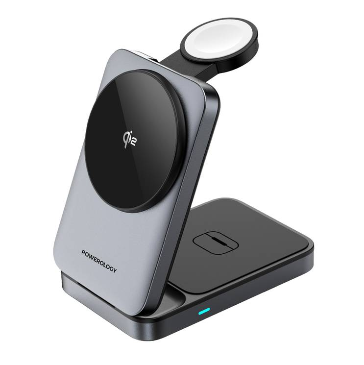 Support de charge magnétique sans fil pliable 3 en 1 Powerology – Noir