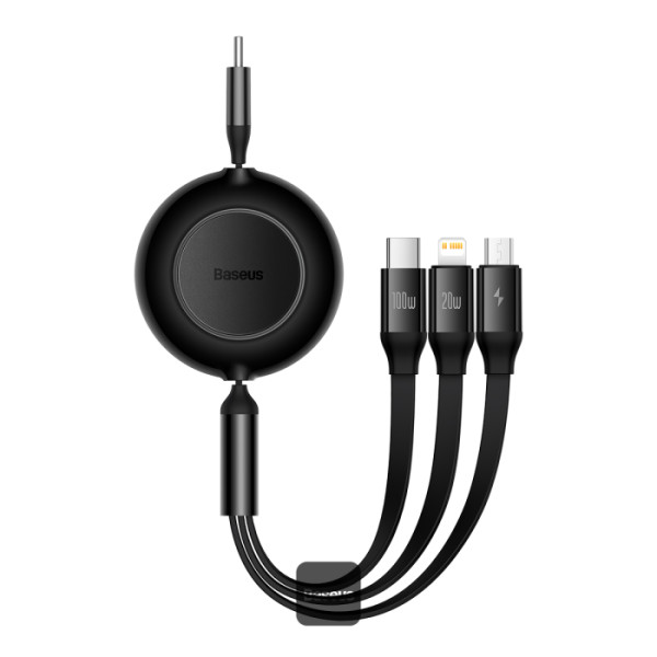 Câble rétractable Baseus Bright Mirror Series 2 – 3-en-1, 100W, USB-C / Lightning / Micro USB, 1,1 m – Noir