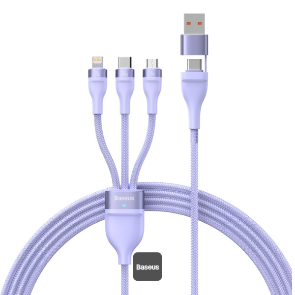 Câble Baseus Flash Series II 100W – 3-en-2, USB-C + USB-A vers USB-C / Lightning / Micro USB, 1,2 m – Violet