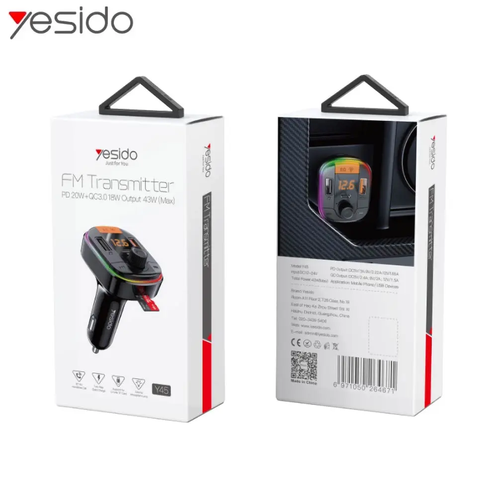 Transmetteur FM Bluetooth Yesido Y45 – chargeur voiture intégré – Noir