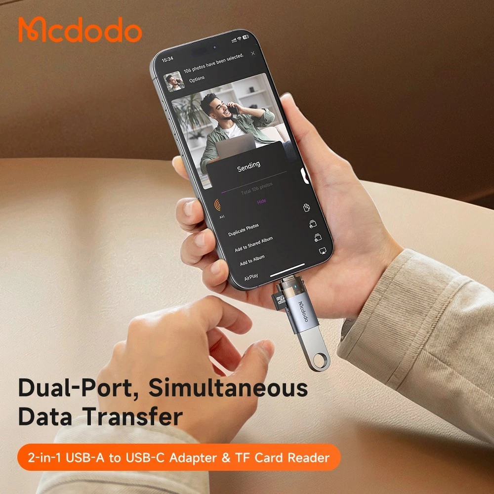Adaptateur Mcdodo 2-en-1 USB 3.0 vers USB-C avec lecteur de carte TF intégré et dragonne OTG