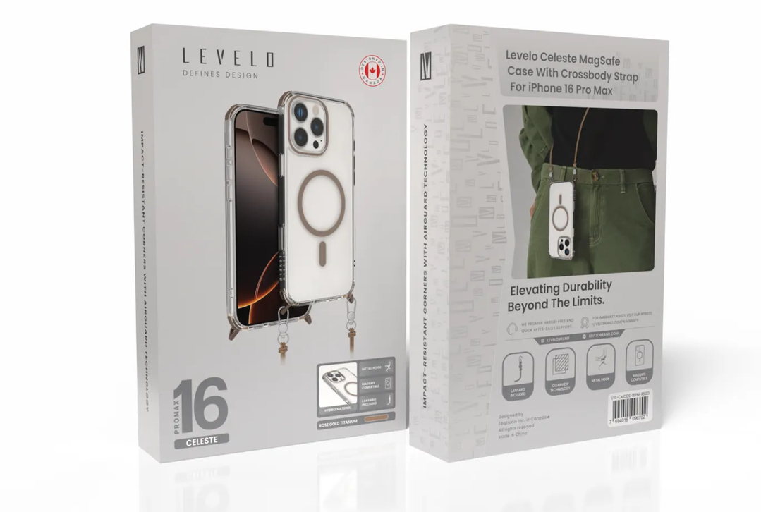 Coque Levelo Celeste MagSafe pour iPhone 16 Pro Max avec bandoulière – Or rose