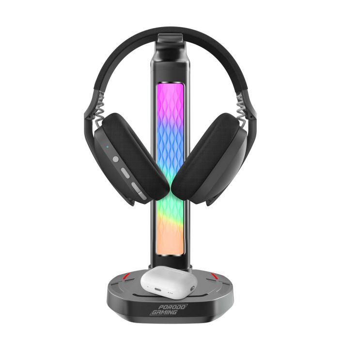 Support de casque audio Porodo RGB avec chargeur sans fil et hub USB-C, lampe d'écran 5W