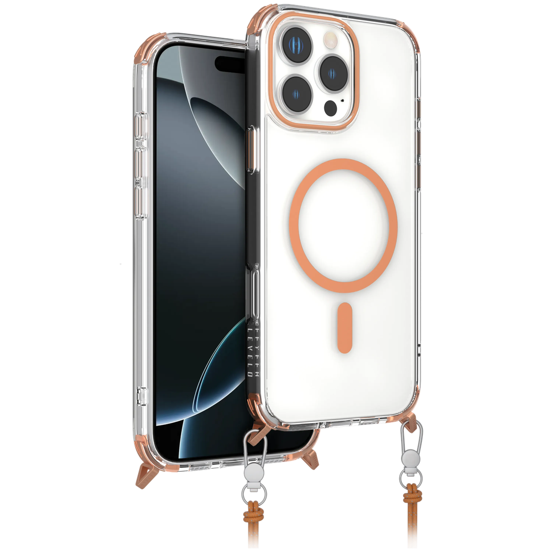 Coque Levelo Celeste MagSafe pour iPhone 16 Pro avec bandoulière – Orange