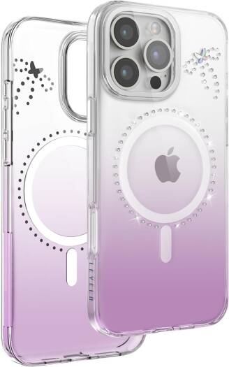 Coque Levelo Butterfly MagSafe pour iPhone 16 Pro Max – transparente/violet, anti-choc, ultra-fine