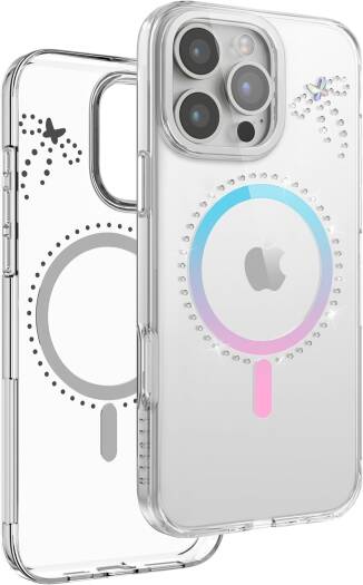 Coque Levelo Butterfly MagSafe pour iPhone 16 Pro Max – transparente iridescente, anti-choc, ultra-fine