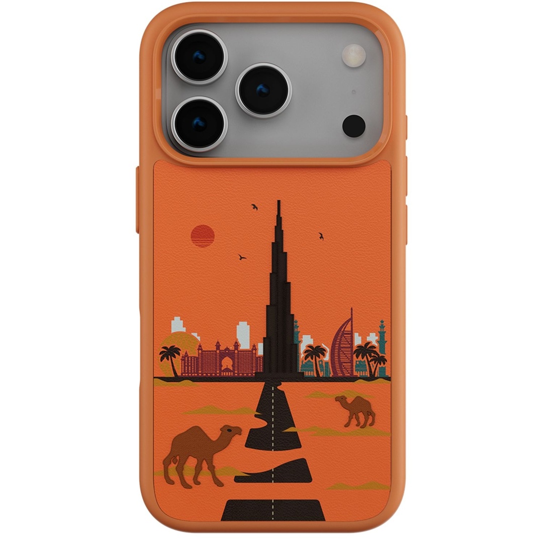 Coque Levelo Vallo en cuir  brodé Dubai pour iPhone 17 Pro Max-Orange