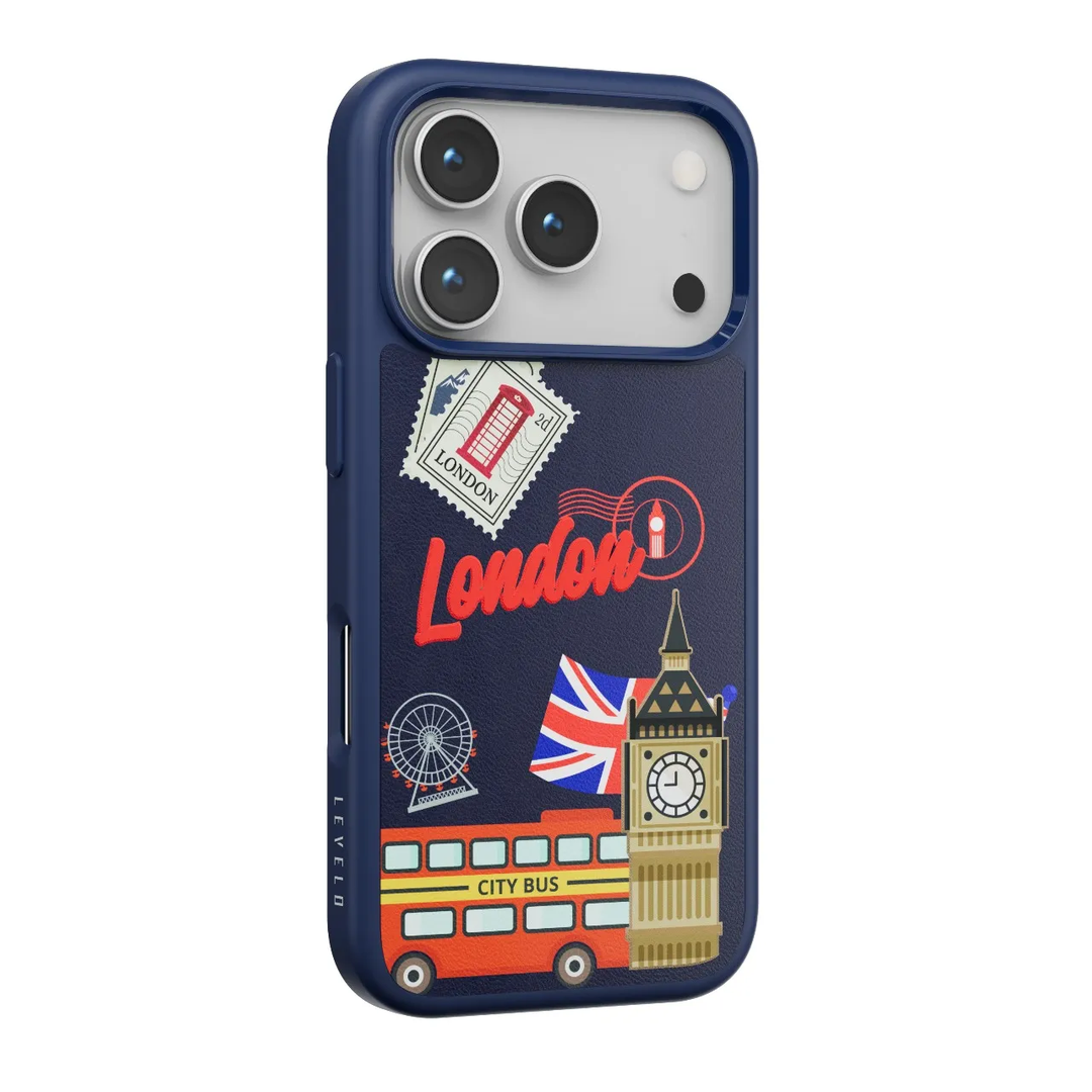 Coque Levelo Vallo en cuir  brodé London pour iPhone 17 Pro Max-Bleu