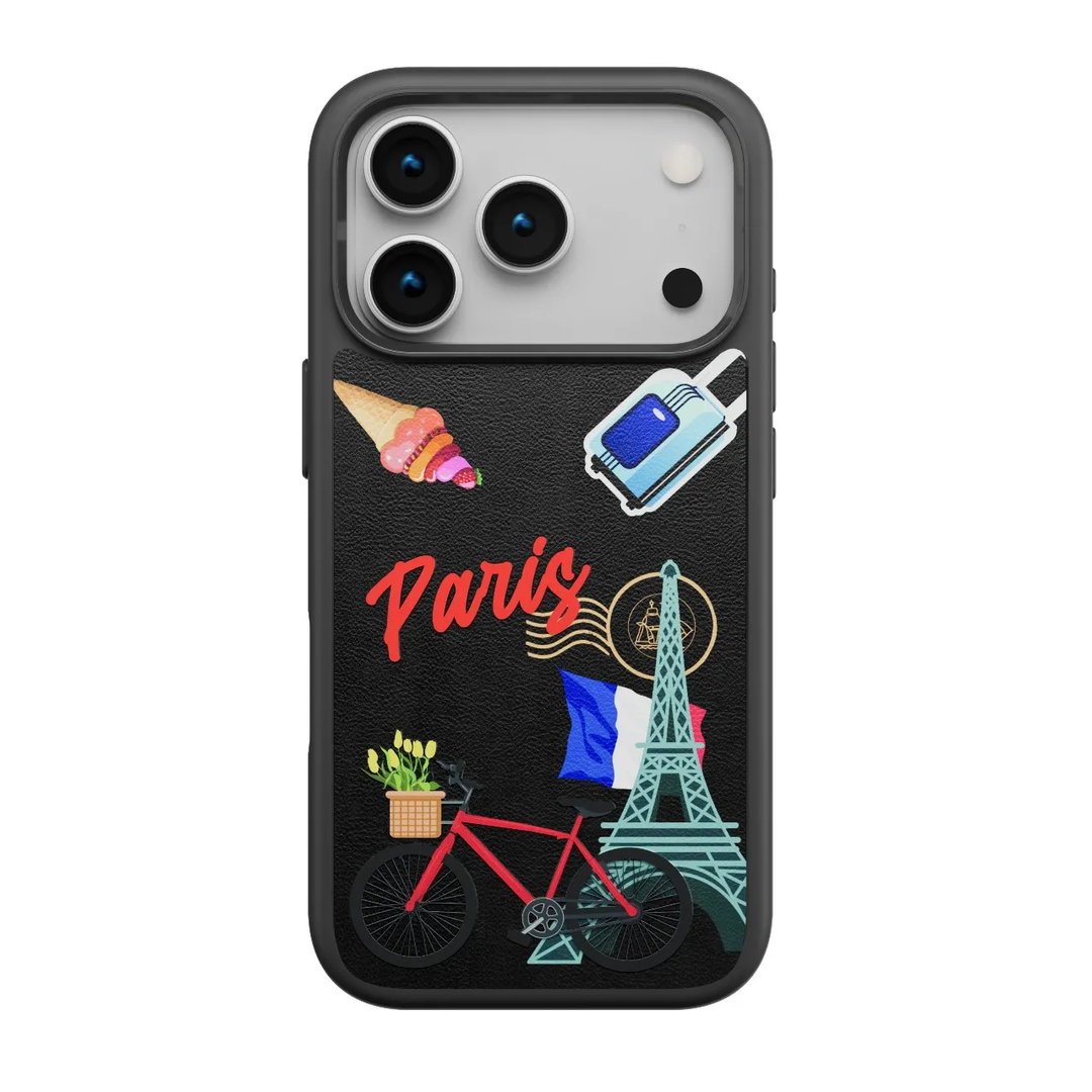 Coque Levelo Vallo en cuir  brodé Paris pour iPhone 17 Pro Max-Noir