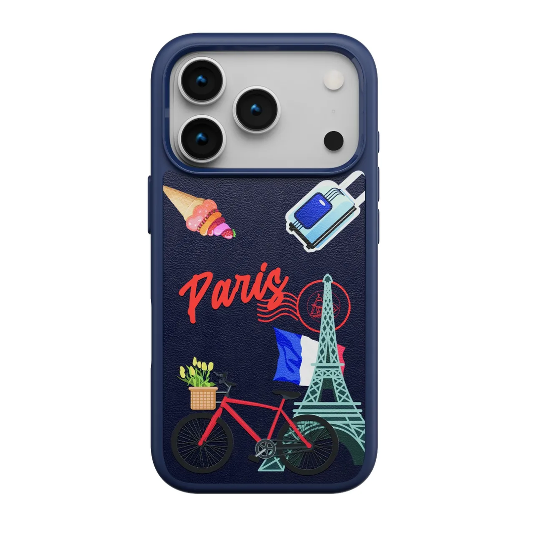 Coque Levelo Vallo en cuir  brodé Paris pour iPhone 17 Pro Max-Bleu