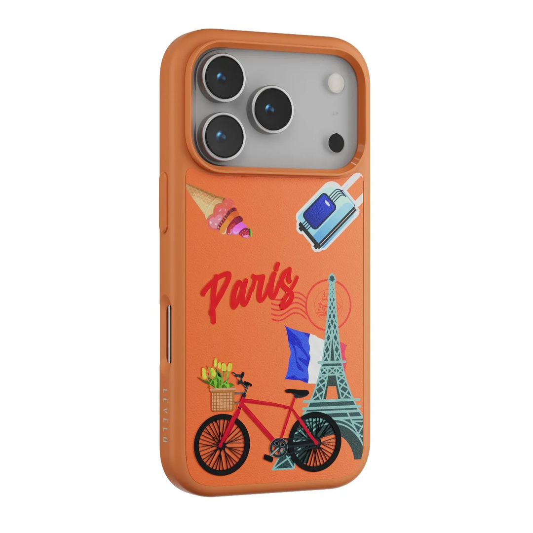 Coque Levelo Vallo en cuir  brodé Paris pour iPhone 17 Pro Max-Orange