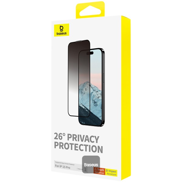 Baseus Verre Trempé iPhone 15 Pro – Protection Confidentialité 9H | Série Diamond Premium
